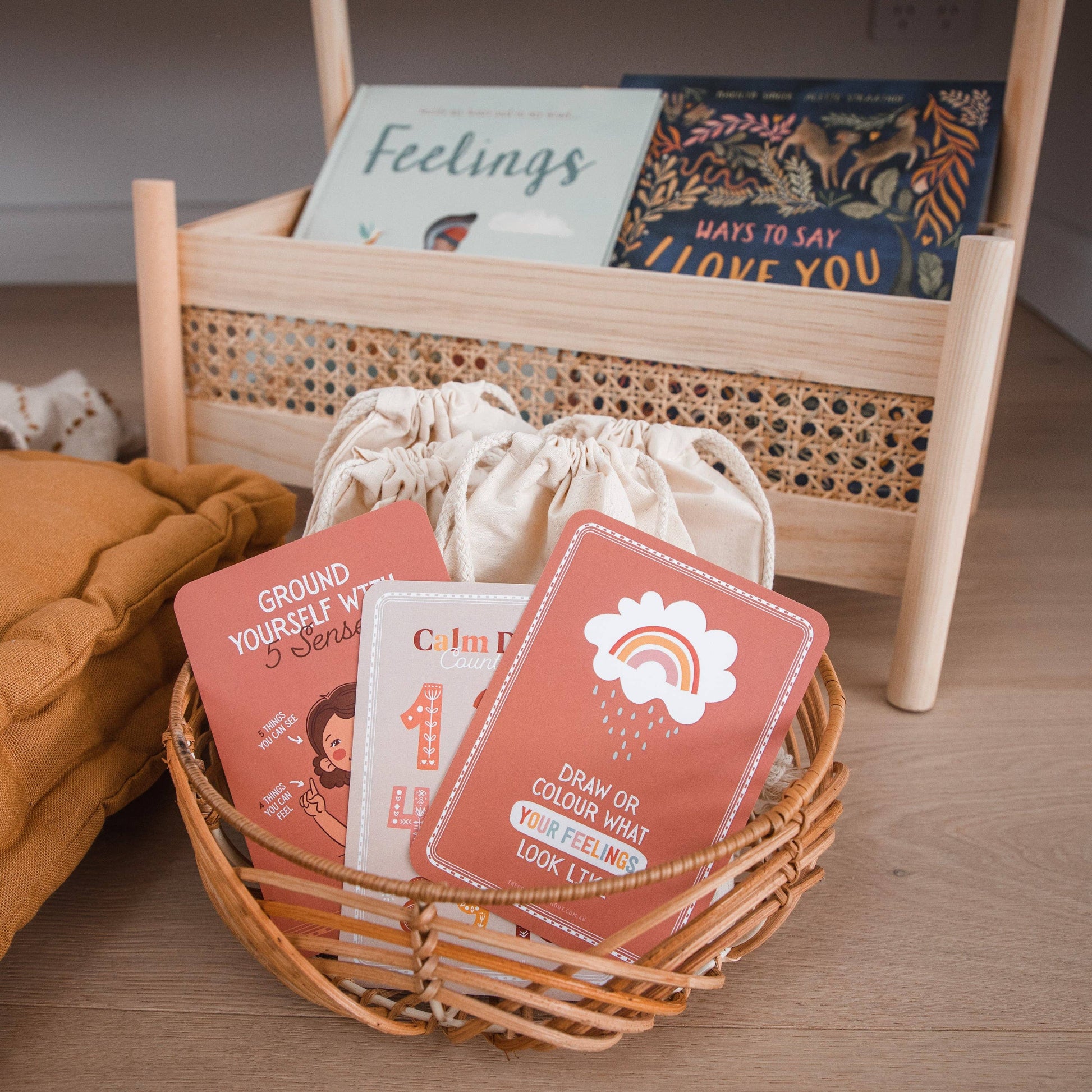 Basket with calm down activities showing