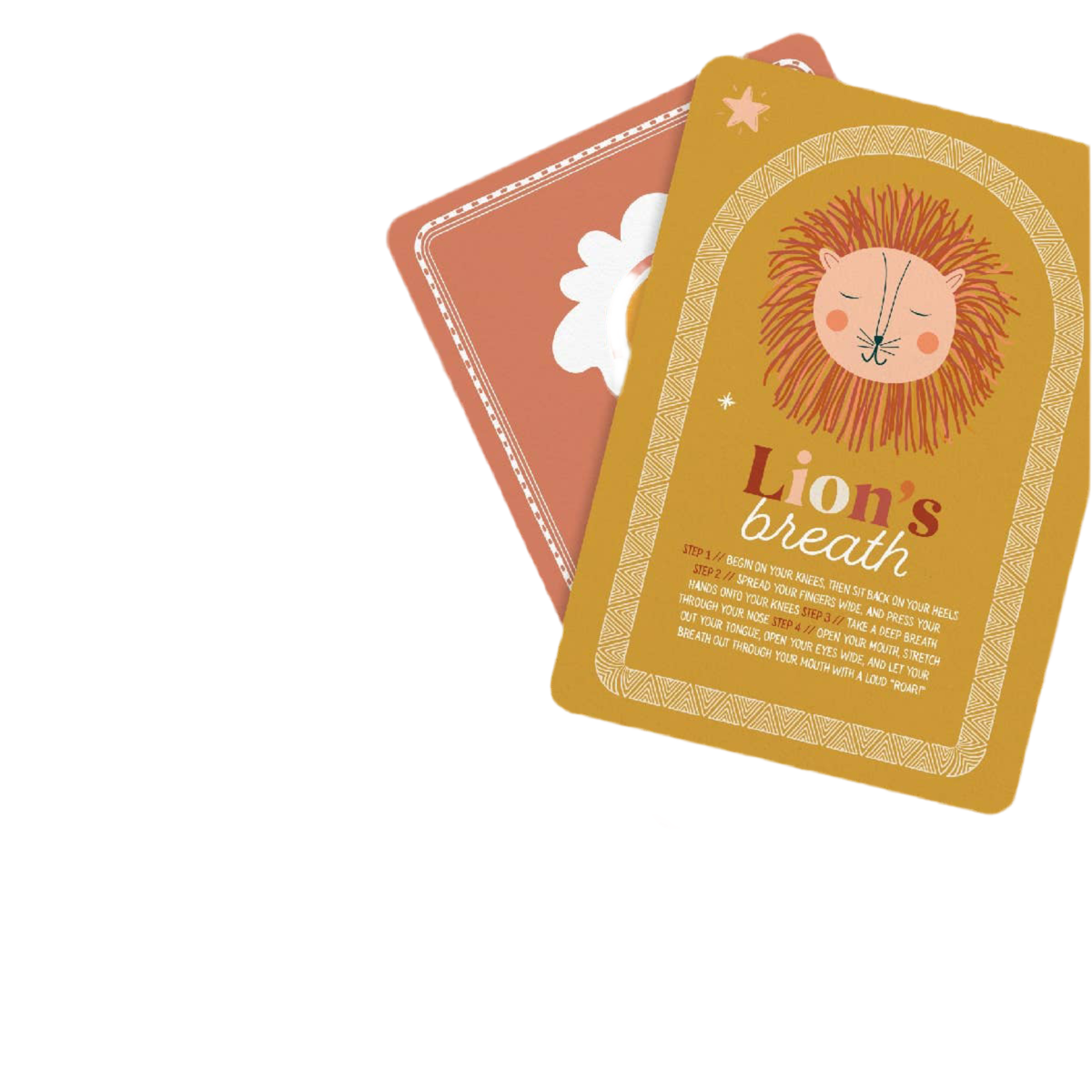 Two calming activities on cards with a lion design and 'Lion's breath' 