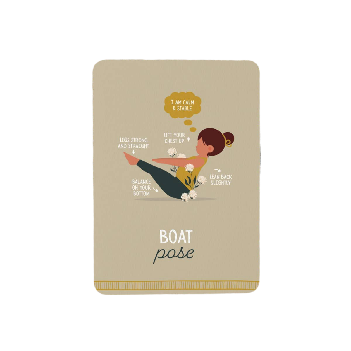 Beige yoga mat with a woman doing the boat pose illustration and text on a white background