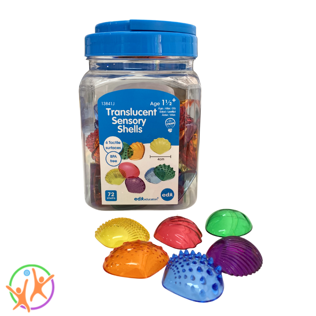 Translucent sensory shells in a clear container with a blue lid on a white background