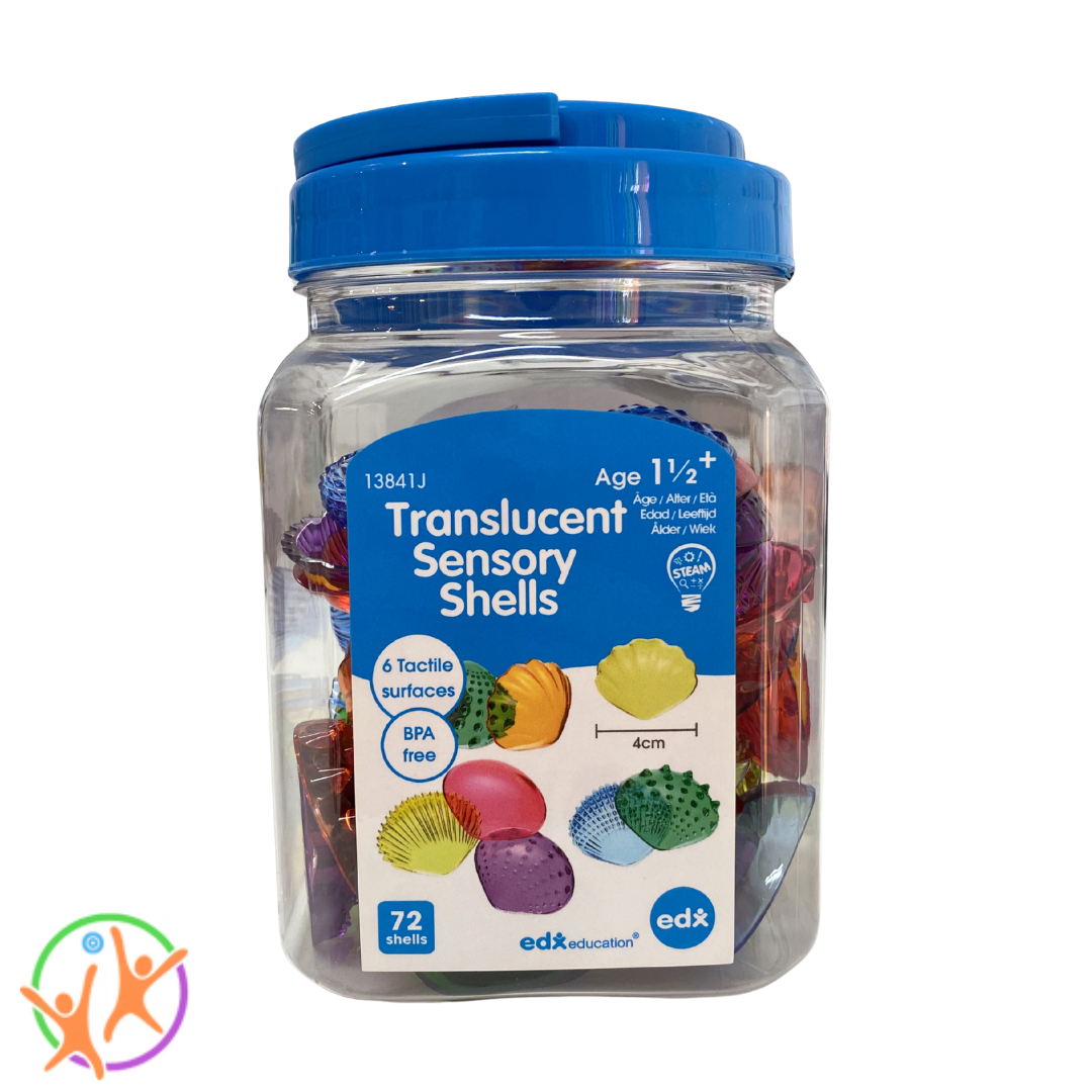 Translucent sensory shells container with blue lid on a white background