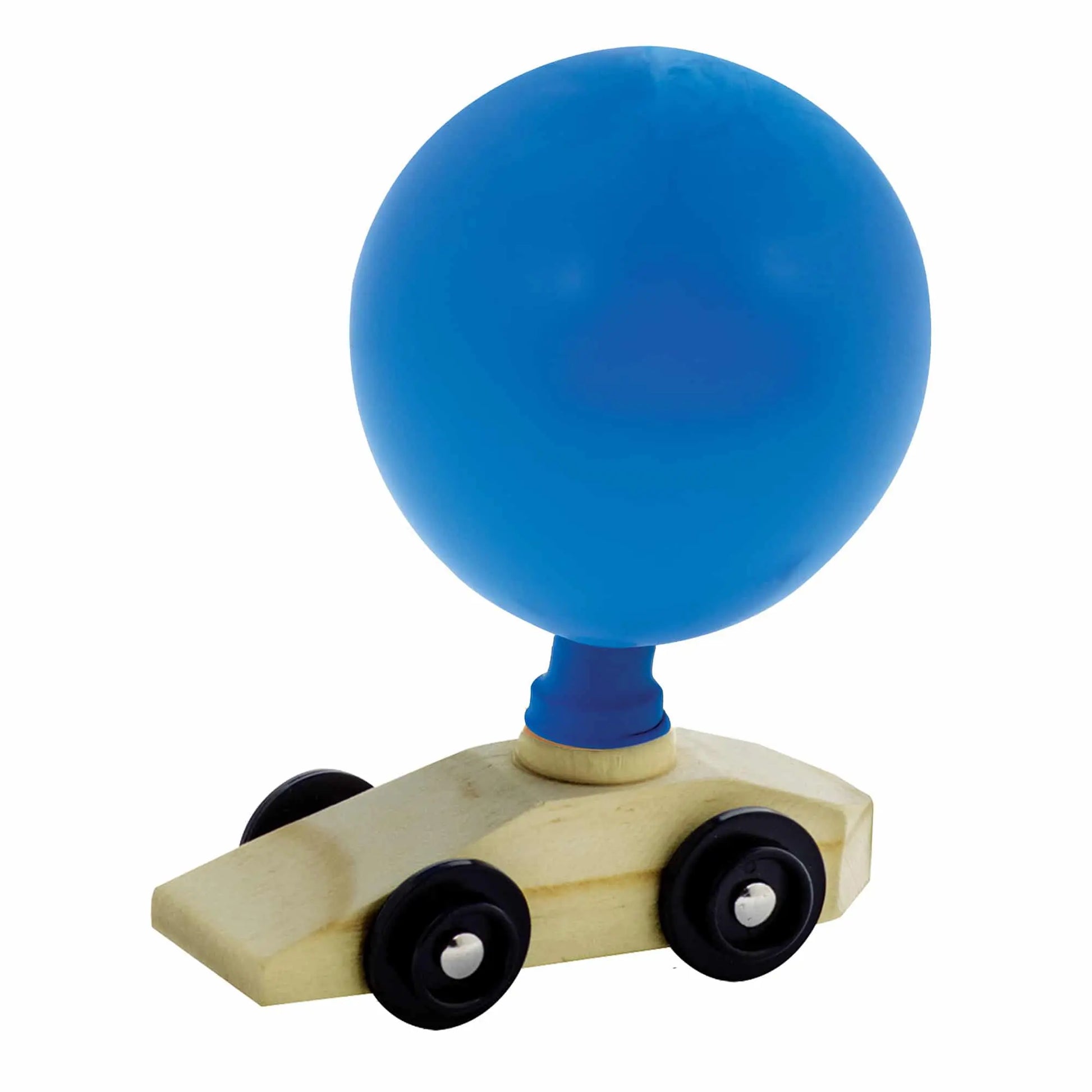 Wooden balloon powered toy car with an inflated blue balloon on top .