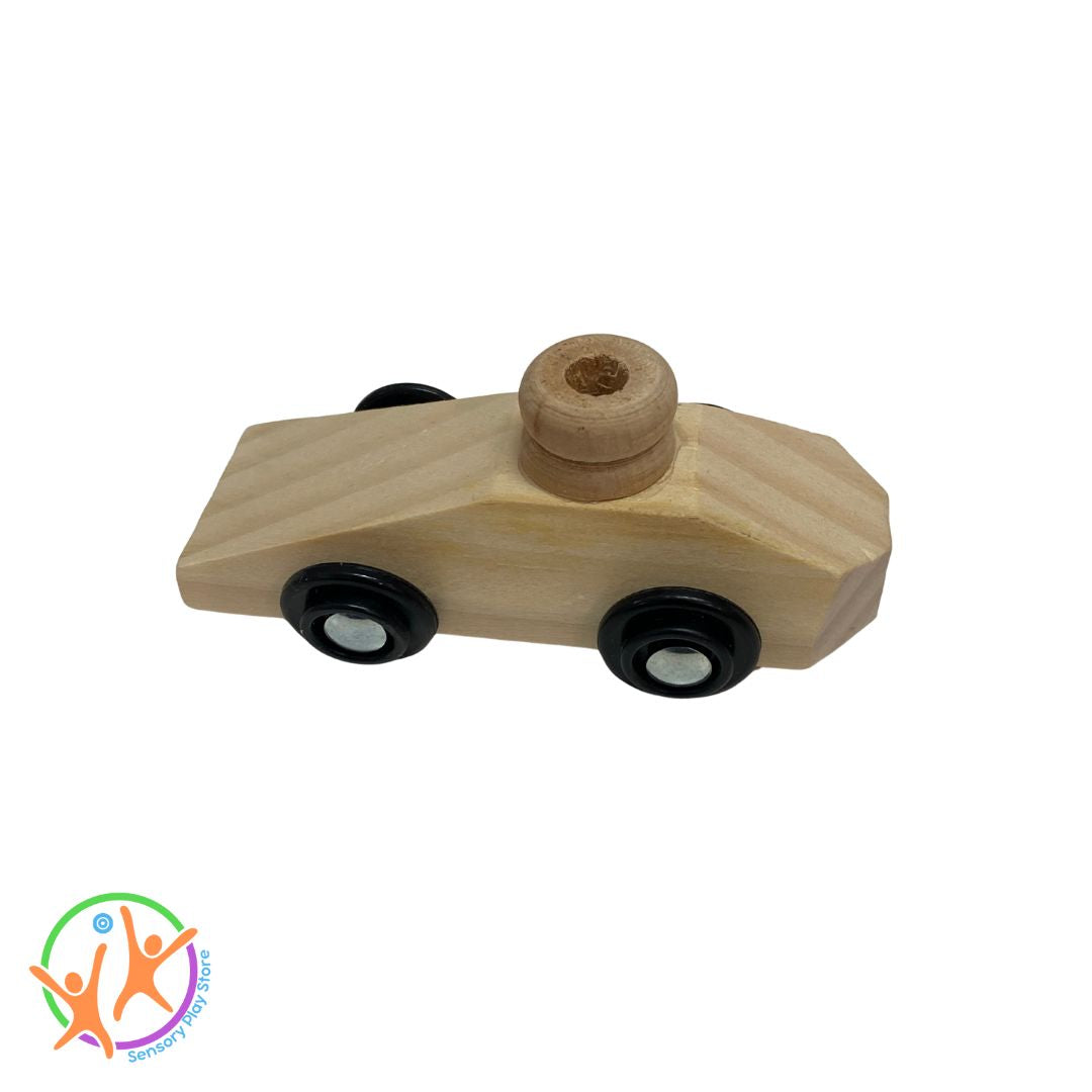 Wooden toy car with black wheels, shows the valve for balloon on roof.