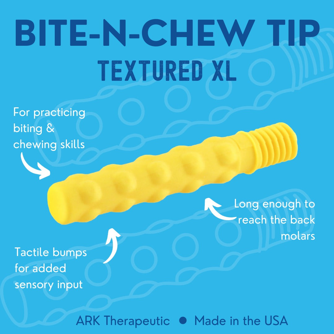 Yellow textured chew toy with features highlighted on a blue background, branded as ARK Therapeutic.