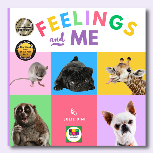 Picture Book cover of 'Feelings and Me' by Julie Dini with images of animals on a colorful background