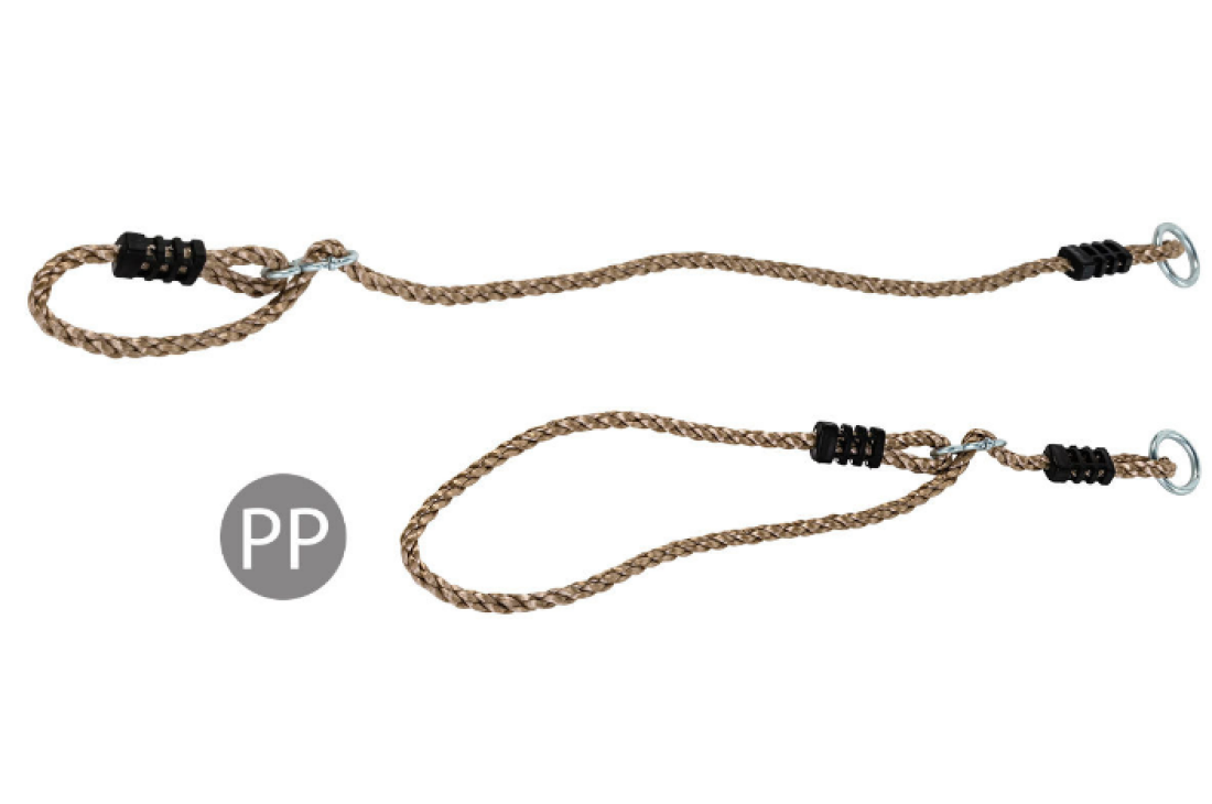 Brown braided rope with metal hooks on a white background