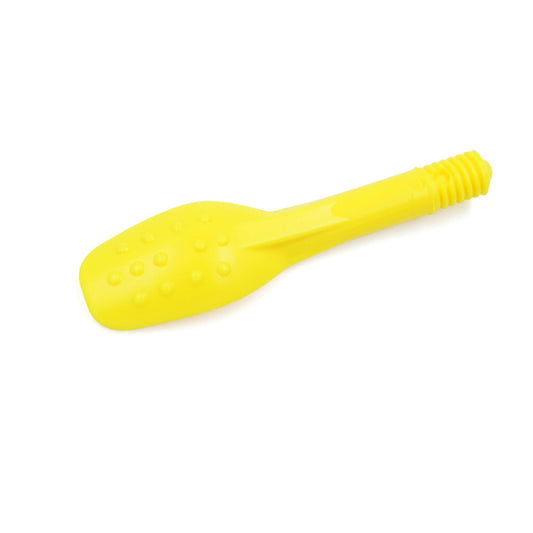 Bottom view of small yellow spoon tip showing gentle bumps