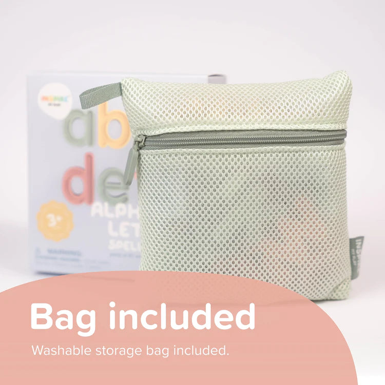 Mesh silicone letters storage bag on a white background