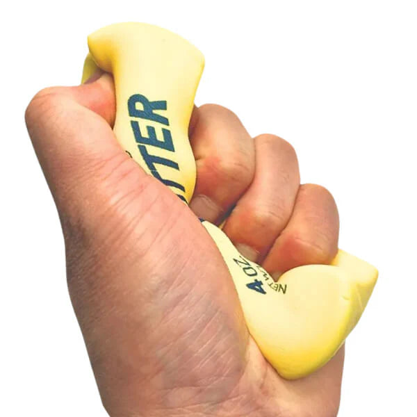 Hand holding a yellow stress ball with 'Relaxer' branding on a white background