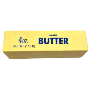Yellow bar of butter with blue text on a white background