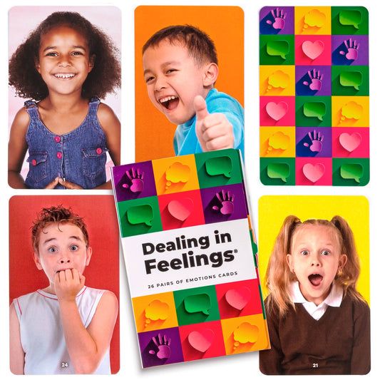 Emotions cards with children's faces and colorful card packaging titled 'Dealing in Feelings'.