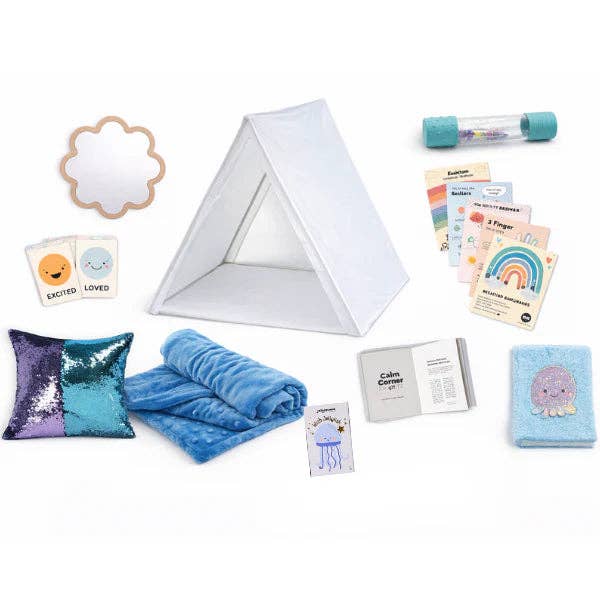 Calm corner kit includes a collection of sensory support tools including a sequine pillow, weighted lap blanket, cards, and a mirror, calm down bottle and more