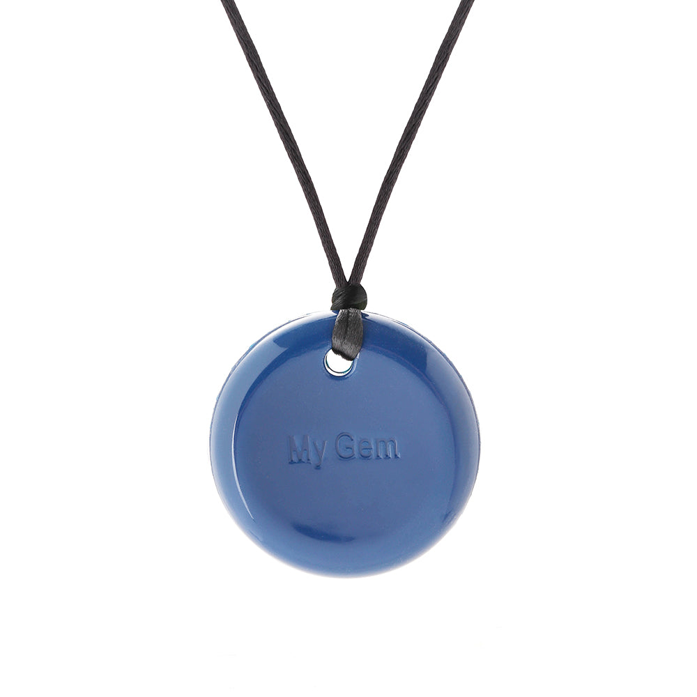 Chewigem button pendent necklace- Blue round pendant with 'My Gem' text on a black cord against a white background