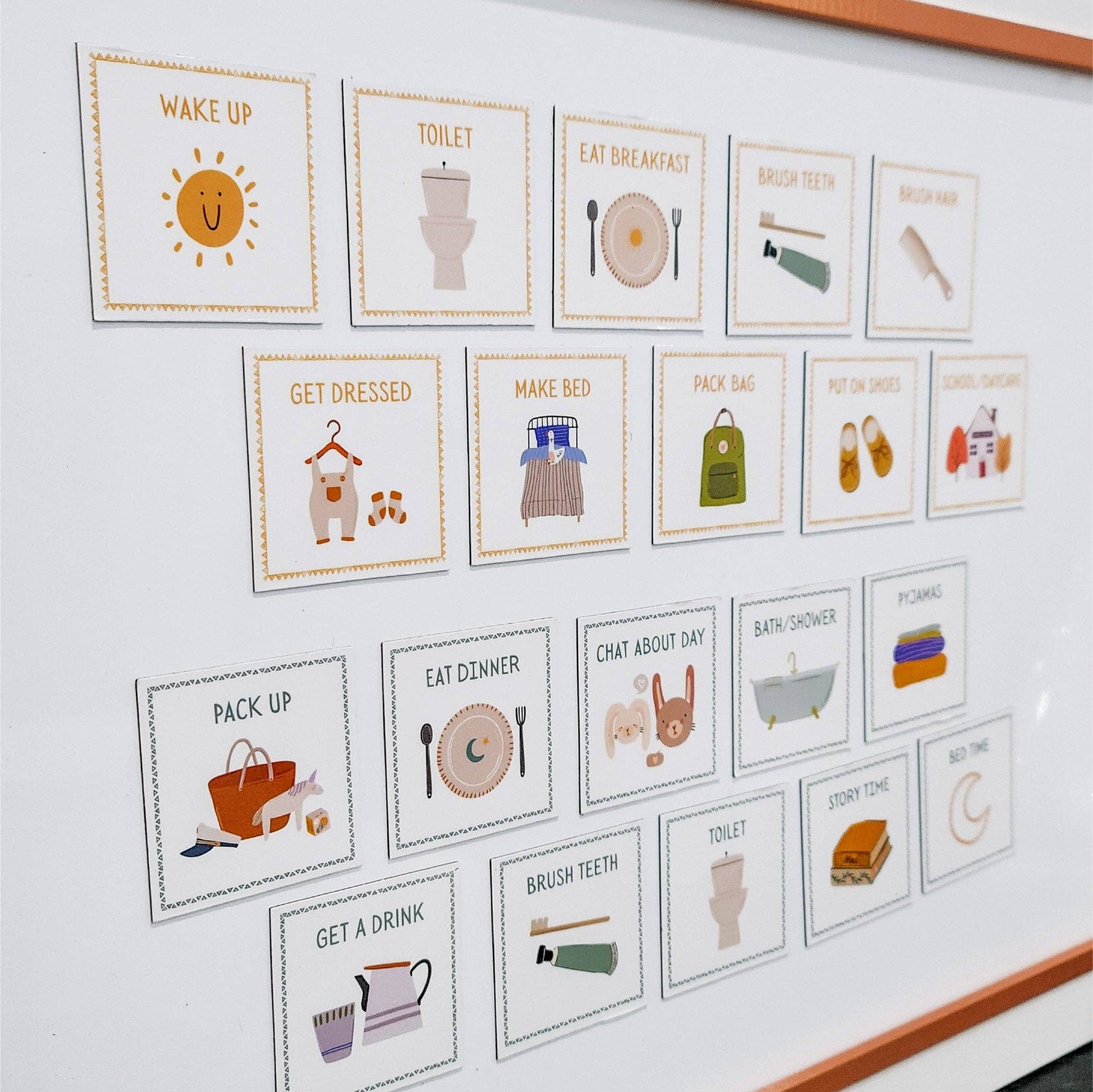 Children's daily routine chart with illustrations on a whiteboard.
