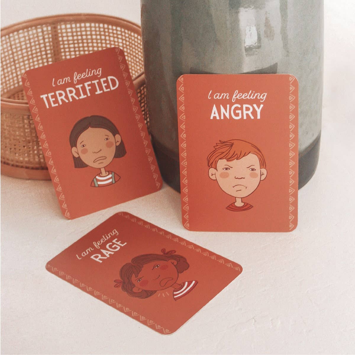 Three creative sprout emotions cards for kids in the red zone of feelings terrified, angry and rage