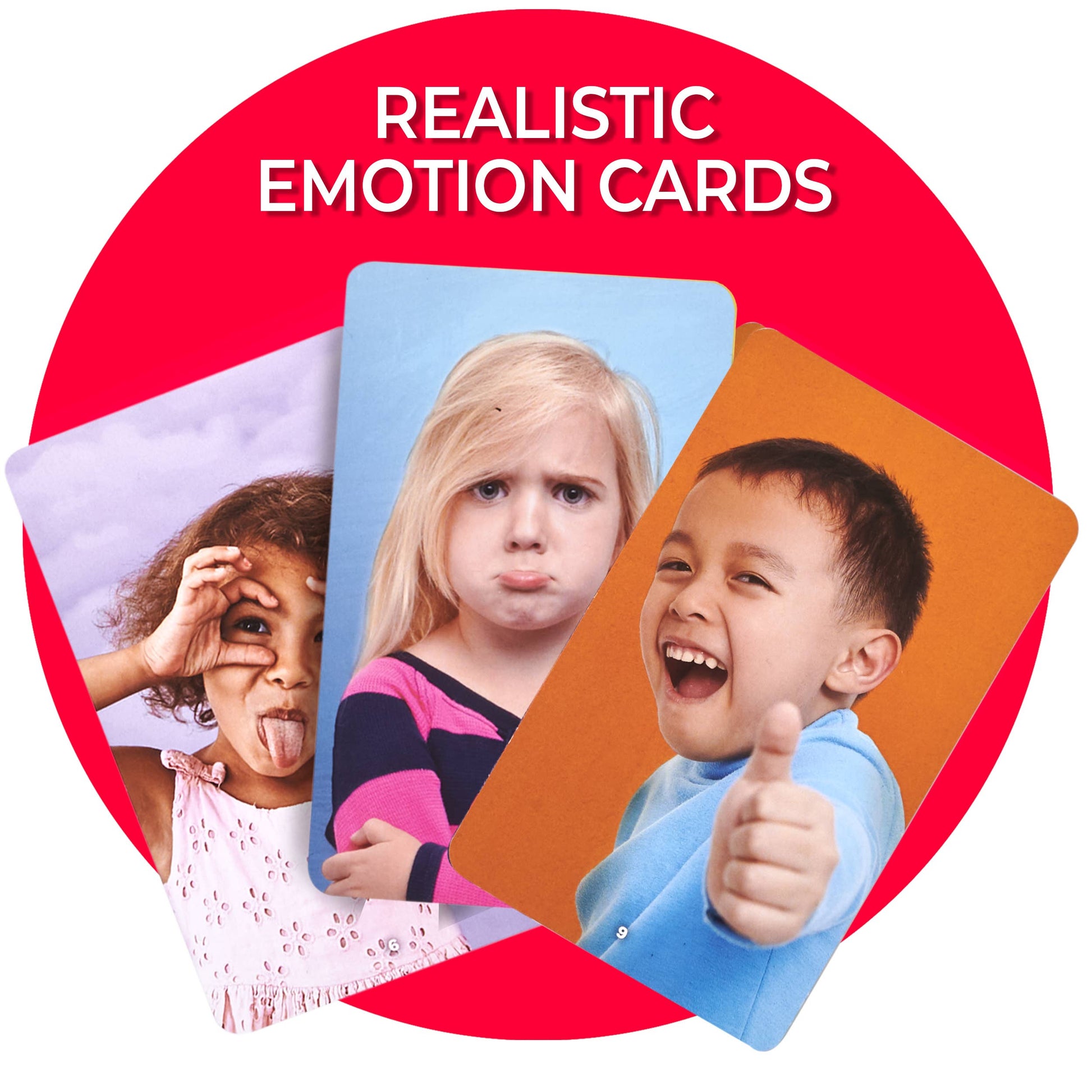 Realistic emotion cards with children expressing different emotions on a red background