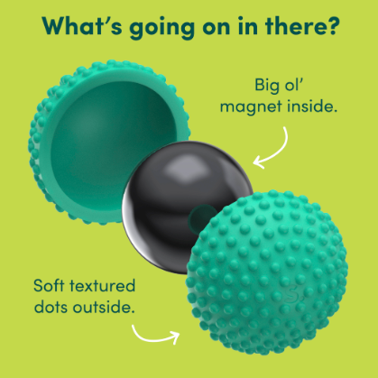 Teal textured ball sliced open to reveal  with a black magnet on  the inside 