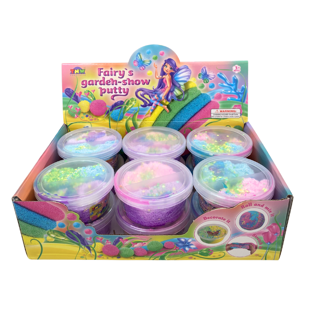 Display box of fairy-themed putty with colorful packaging and small containers.