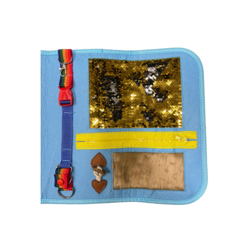 Blue sensory fidget blanket for dementia  with gold sequin panel, rainbow clip strap, yellow zipper, a button and smooth fabric panel
