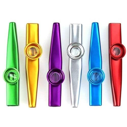 six colorful metal kazoos in green, gold purple, silver, blue and red