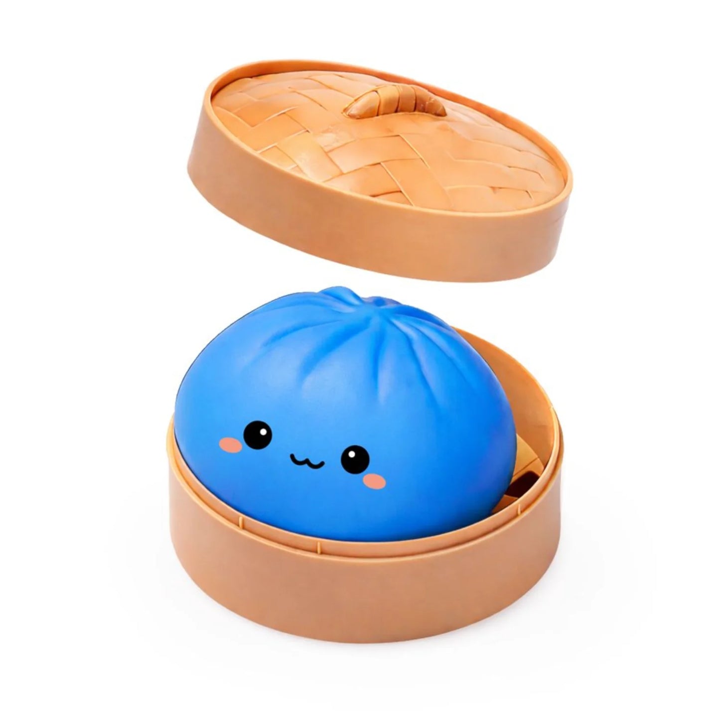 Blue mystery dumpling with a smiling face in a steamer like shaped container  and lid open