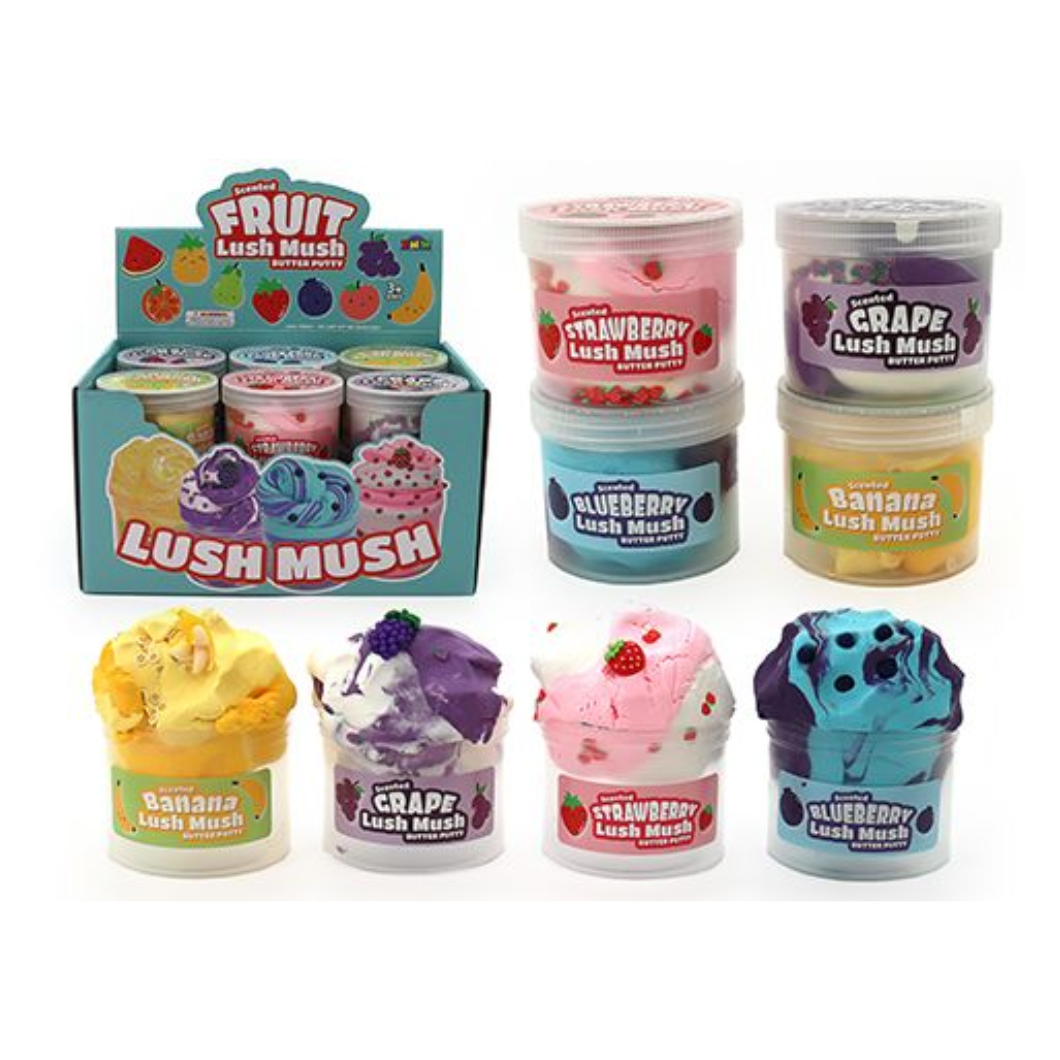 Assorted Lush Mush products including containers and individual pieces on a white background.