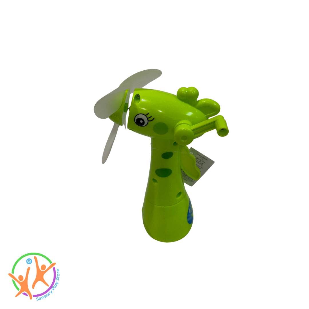 Green misting fan giraffe with a propeller side view