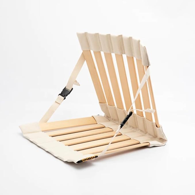Portable howdahug chair with wooden slats and fabric seat and backrest on a white background