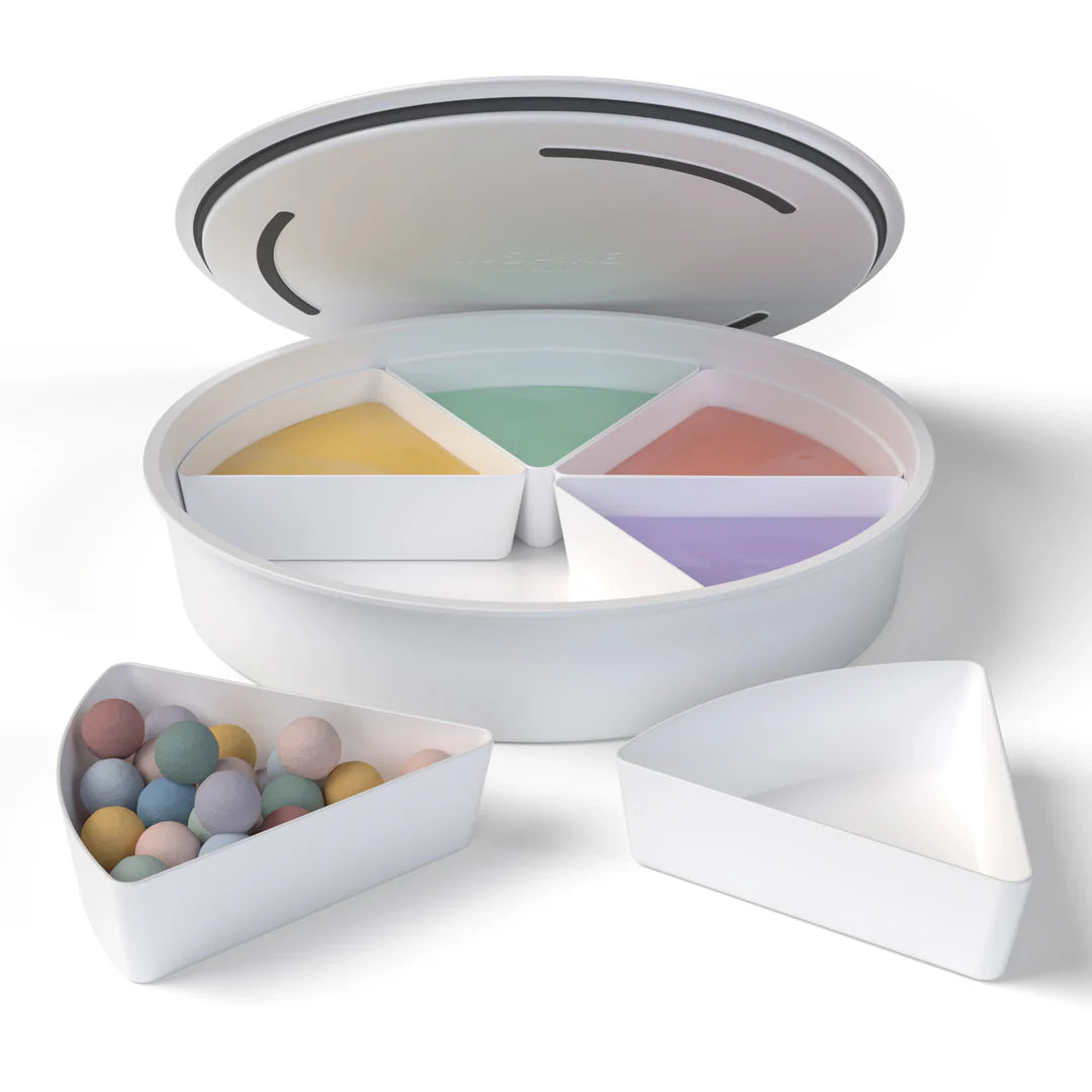 Sensory Play Tray with lid and removeable segments filled with coloured water and pom pom balls