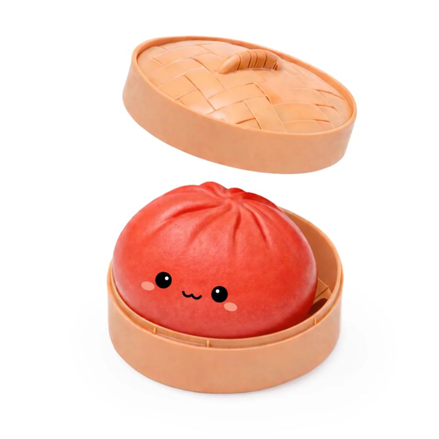 Red mystery dumpling with a smiling face in an open beige container