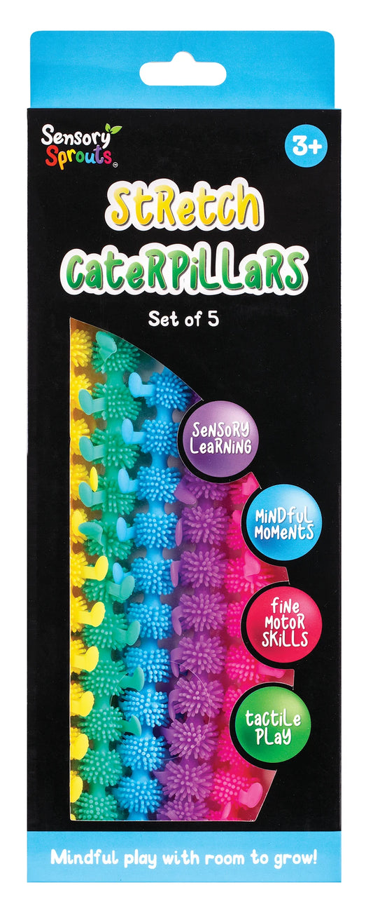 Packaging of Sensory Sprouts Stretch Caterpillars set with colorful caterpillar toys inside.