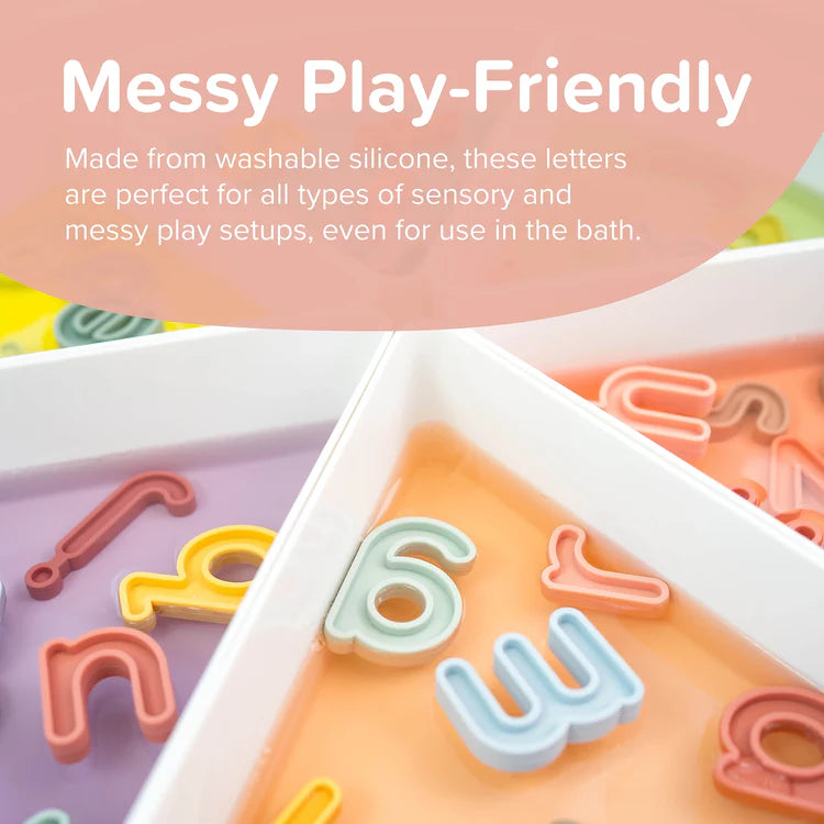 Colourful silicone letters in a play tray with text about their washable nature and suitability for messy play.
