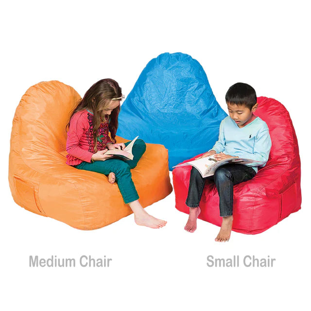 Two children sitting on colourful bean bag chairs reading books, with labels for medium and small chill out chairs.