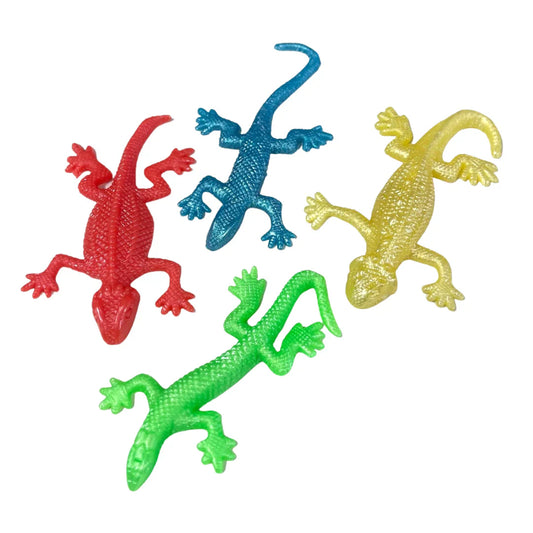 Four colourful stretch lizards on a white background