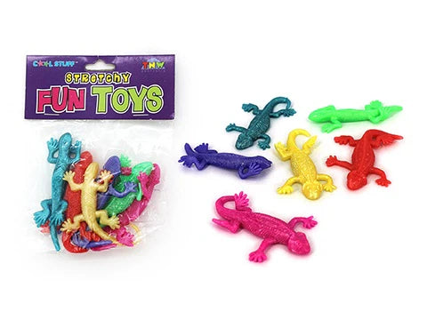 Colourful stretchy toy lizards with packaging on a white background