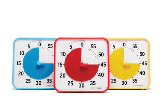 Set of Three Classroom Time timers primary colours of blue, red, and yellow on a white background