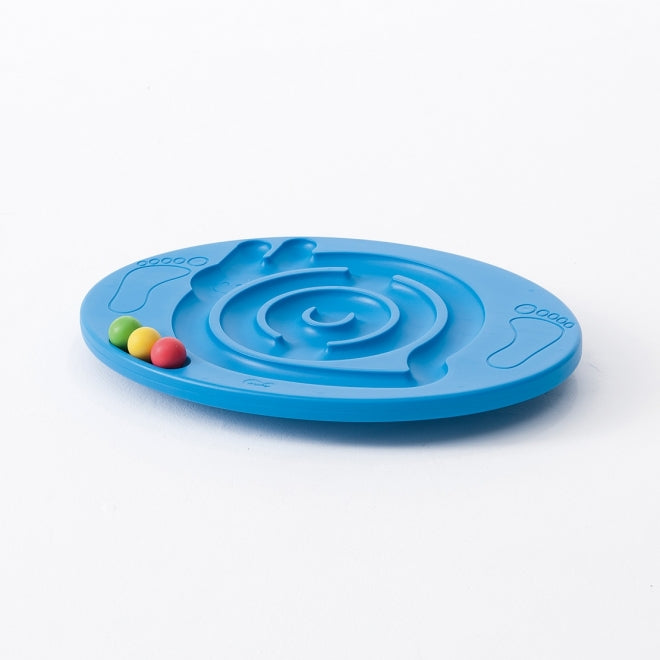 Blue maze balance board with foot prints and 3 coloured balls